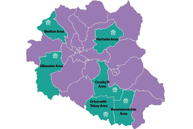 Map showing the old Eden district wards, with the target wards in green. Crosby R, Hartside, Skelton, Orton with Tebay, Ullswater, and Ravenstonedale